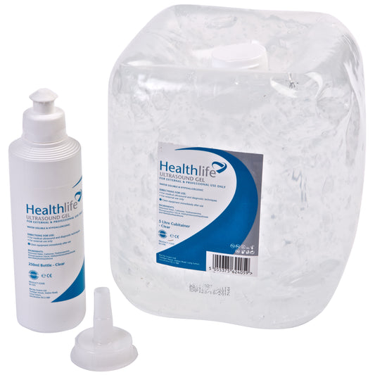 Healthlife Ultrasound Gel in a 5 litre cubitainer bag with a free easy to use 250ml dispensing bottle